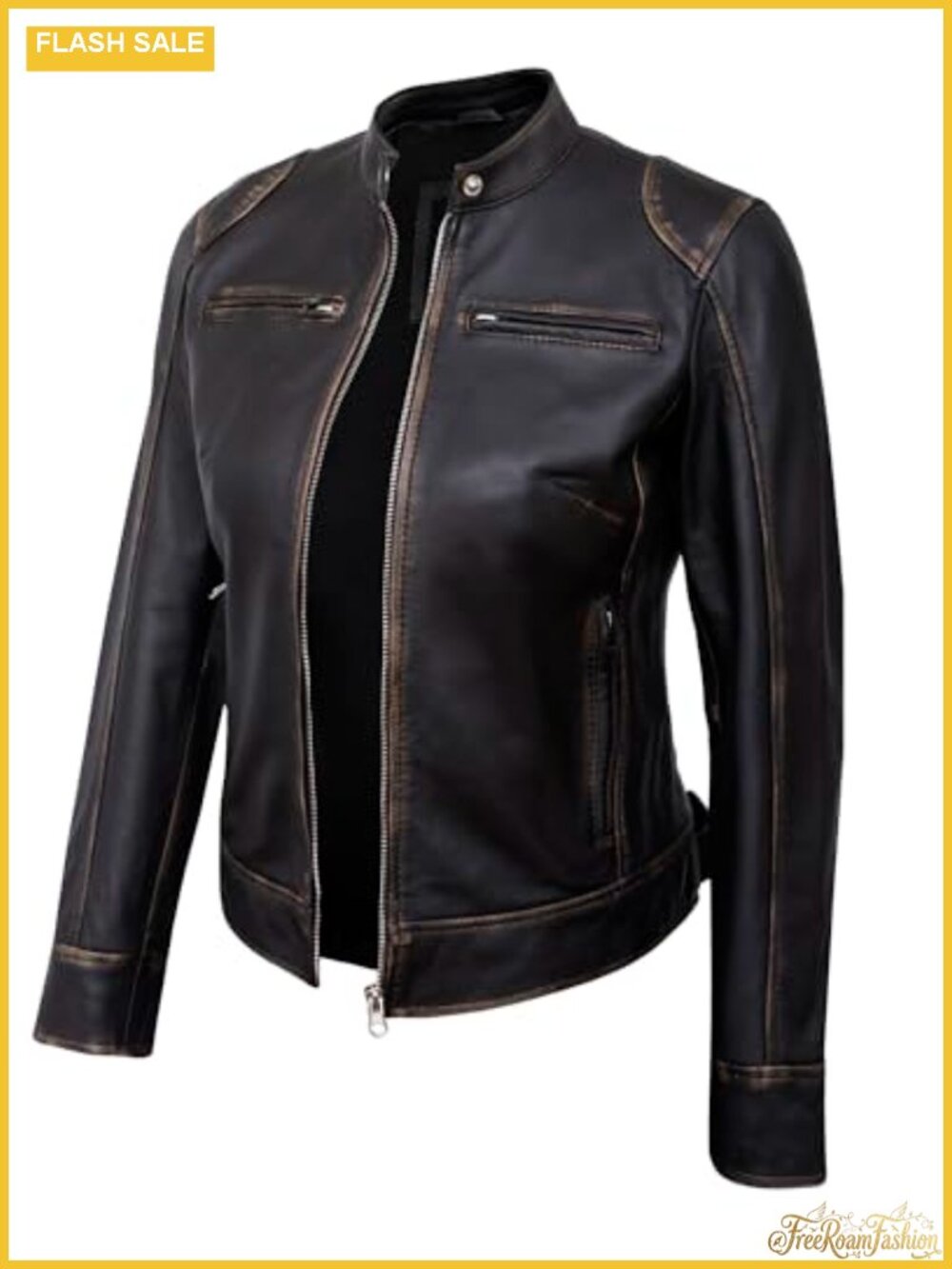 Real Lambskin Leather Jacket Women Cafe Racer Moto Biker Zip Coat